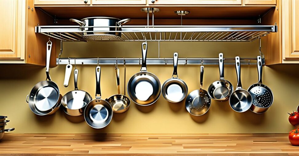 hanging pots and pans in kitchen
