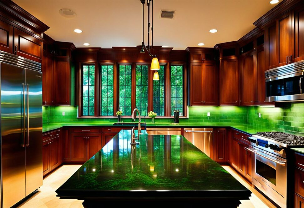 kitchen with dark green countertops