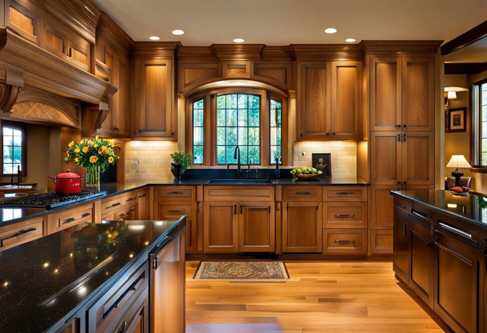 oak kitchen cabinets with black hardware
