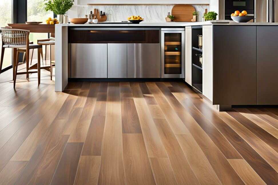 open concept kitchen to living room floor transition