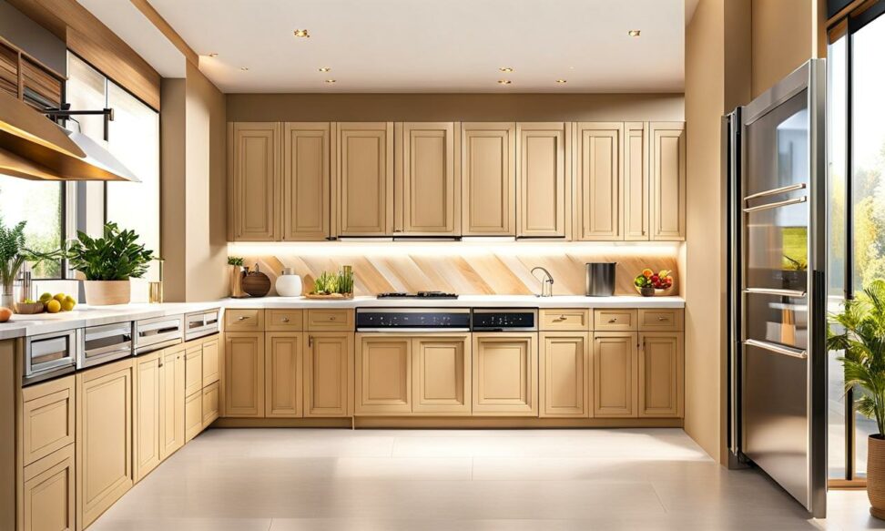 beige colored kitchen cabinets