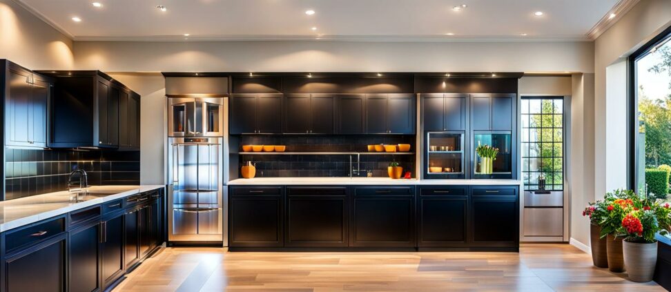 black kitchen cabinets with glass doors
