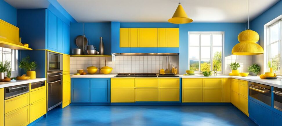 blue and yellow kitchens
