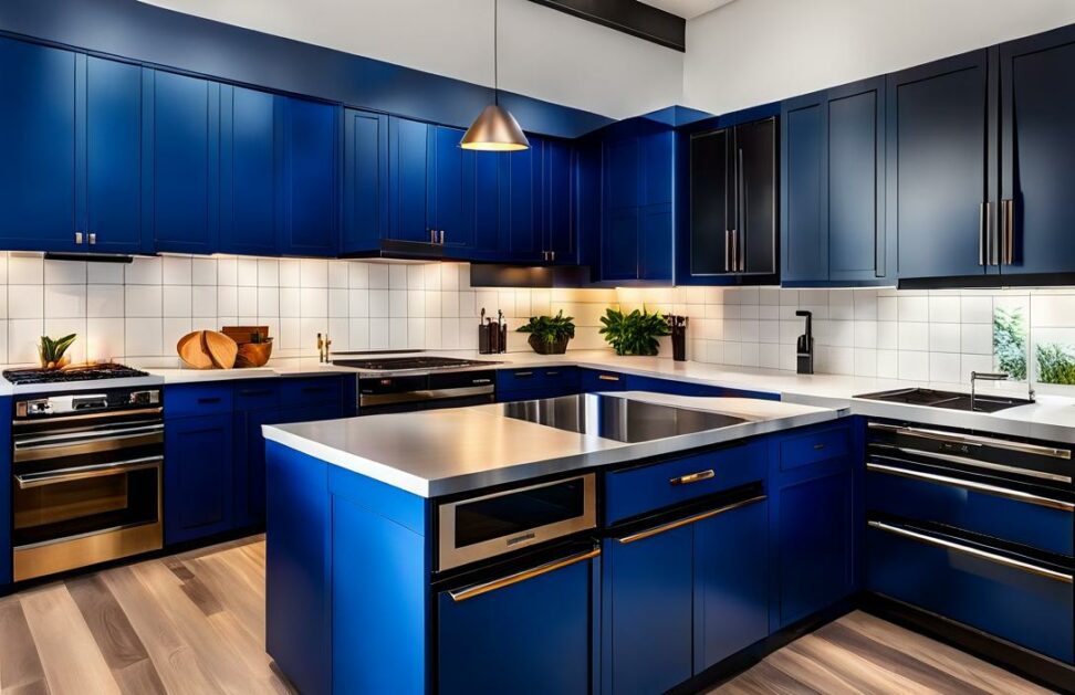 blue kitchen cabinets with black appliances