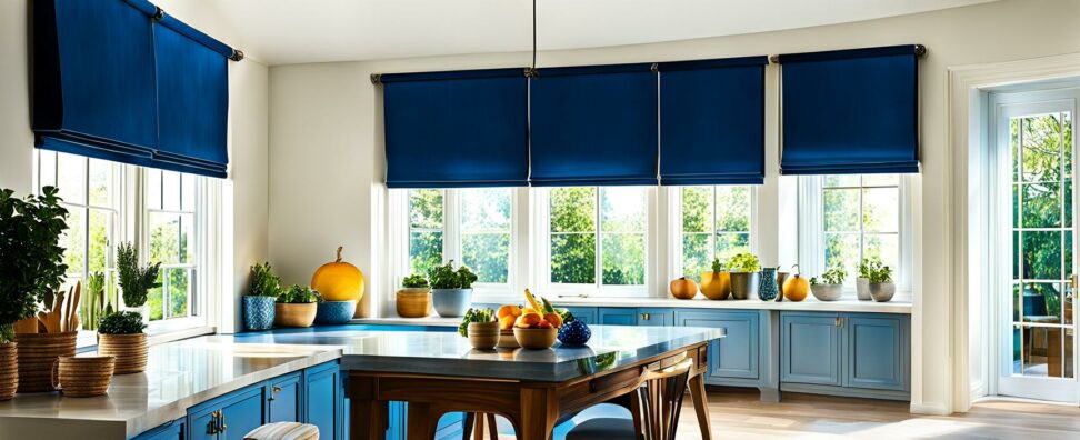blue roman shades for kitchen