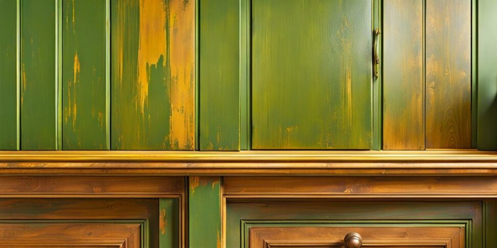 distressed green kitchen cabinets