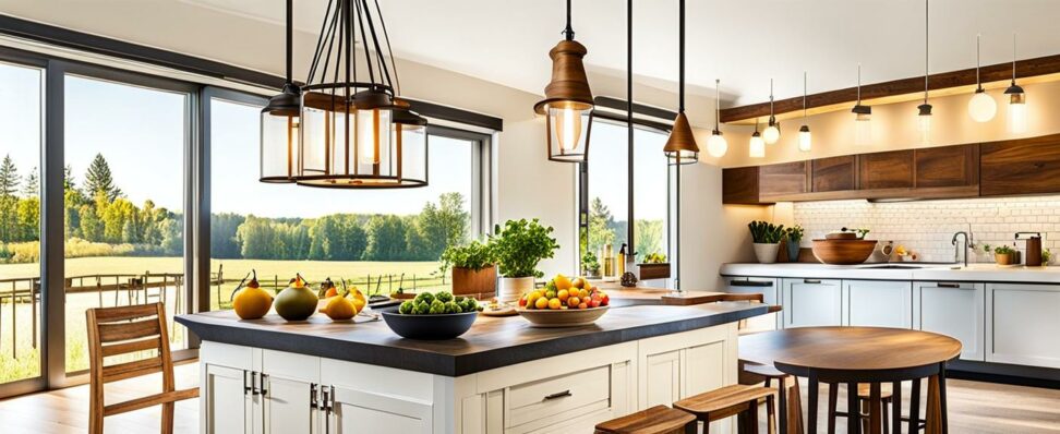 farmhouse kitchen pendant lighting over island