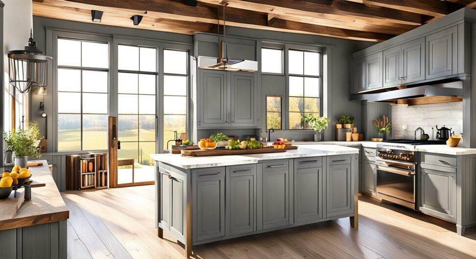 farmhouse rustic grey kitchen cabinets