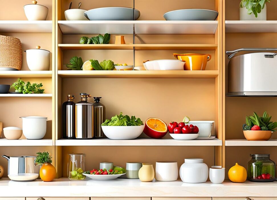 how to decorate open shelves in kitchen