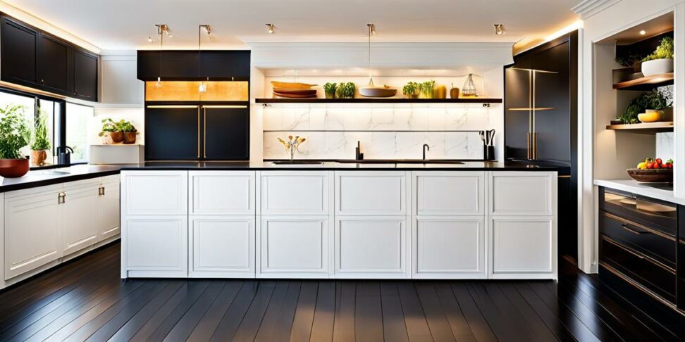 kitchen dark floor white cabinets