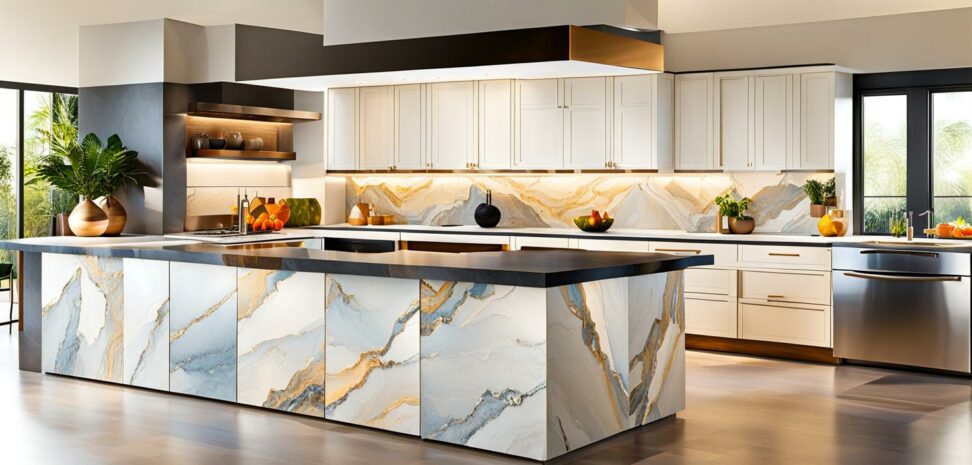 kitchen island with quartz top and seating