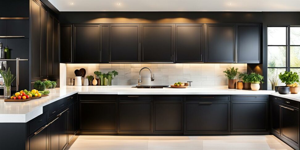 kitchens with dark cabinets and white countertops