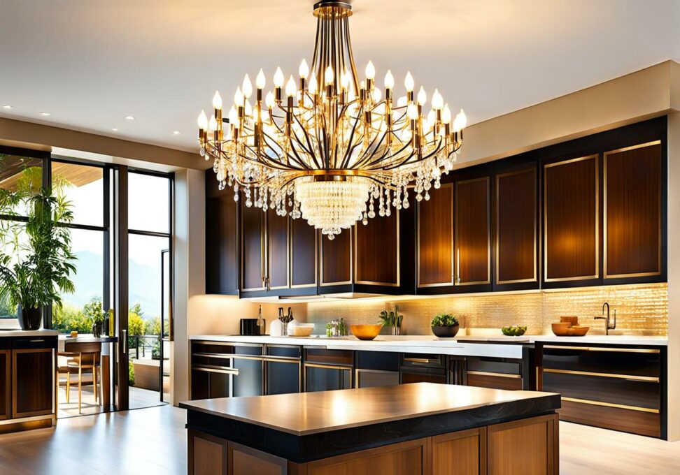 modern chandelier over kitchen island