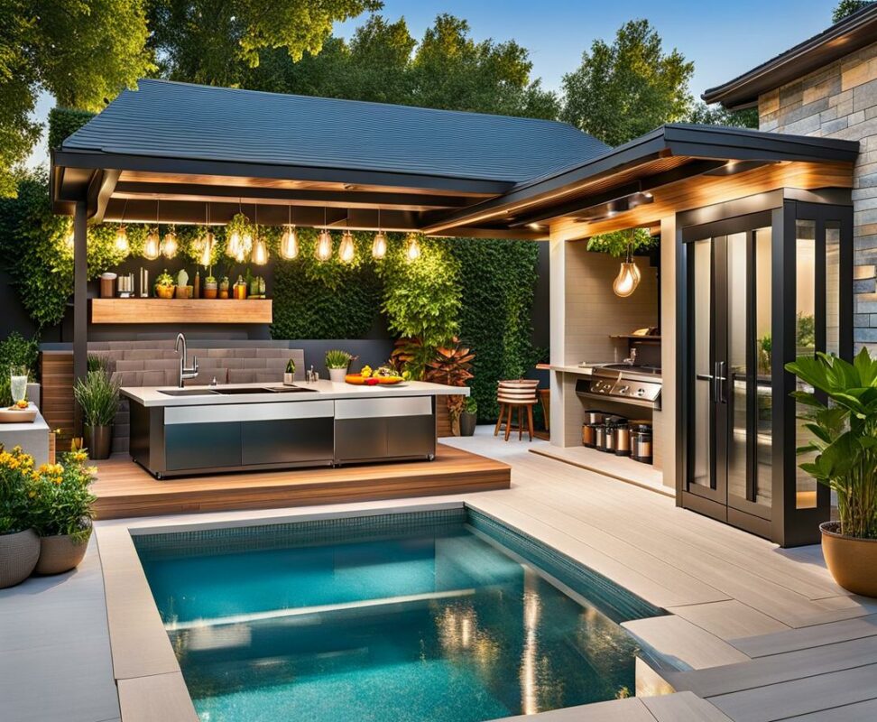 small yard outdoor kitchen and pool