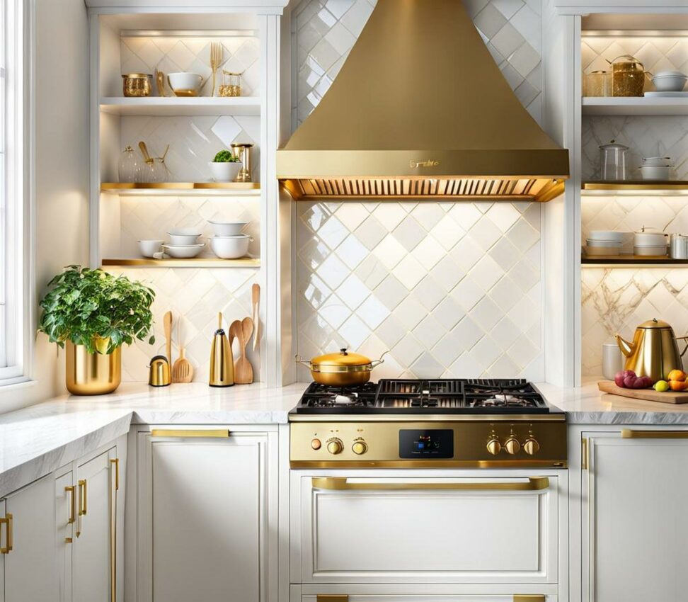 white and gold kitchen appliances