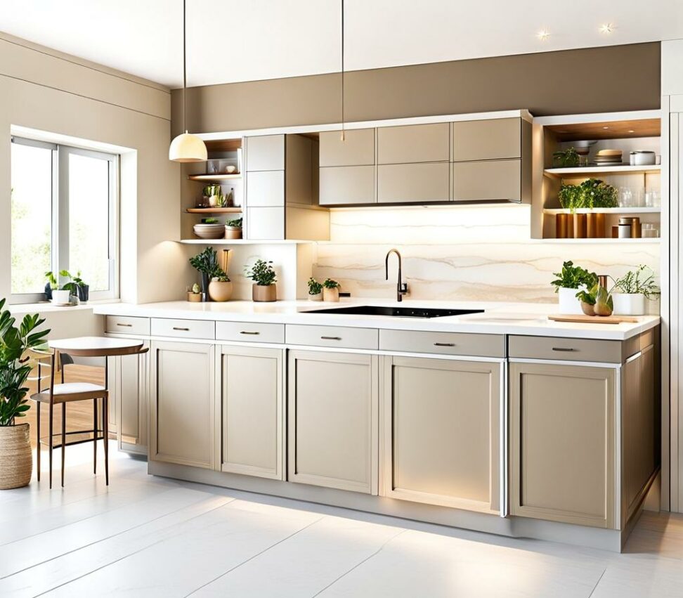 white and taupe kitchen cabinets