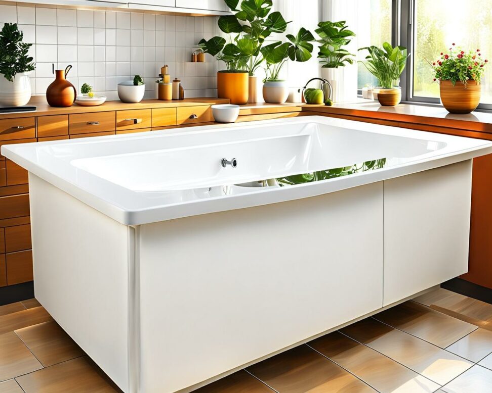 white drop-in kitchen sink with drainboard