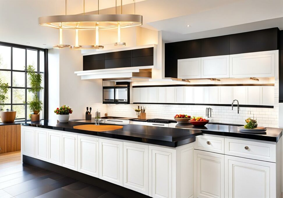 white kitchen cabinets with black countertops