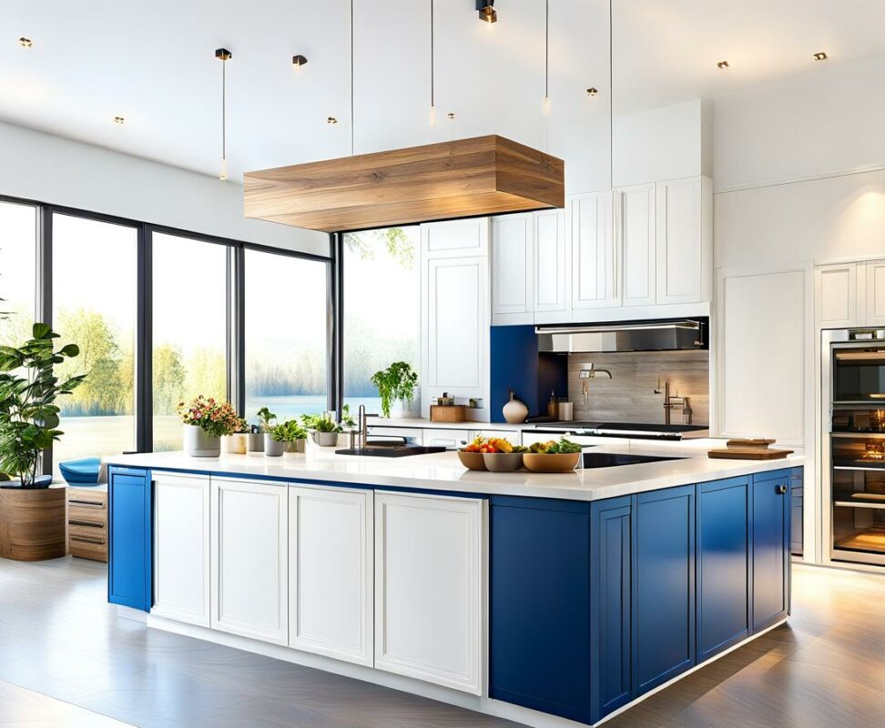 white kitchens with blue islands