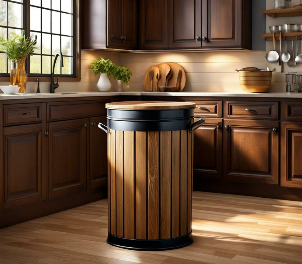 country kitchen old fashioned wood garbage can
