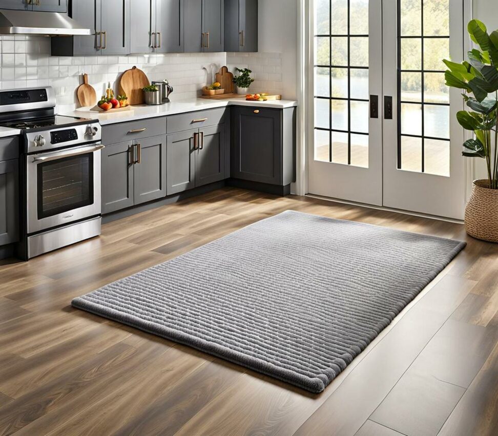 grey and white kitchen rug