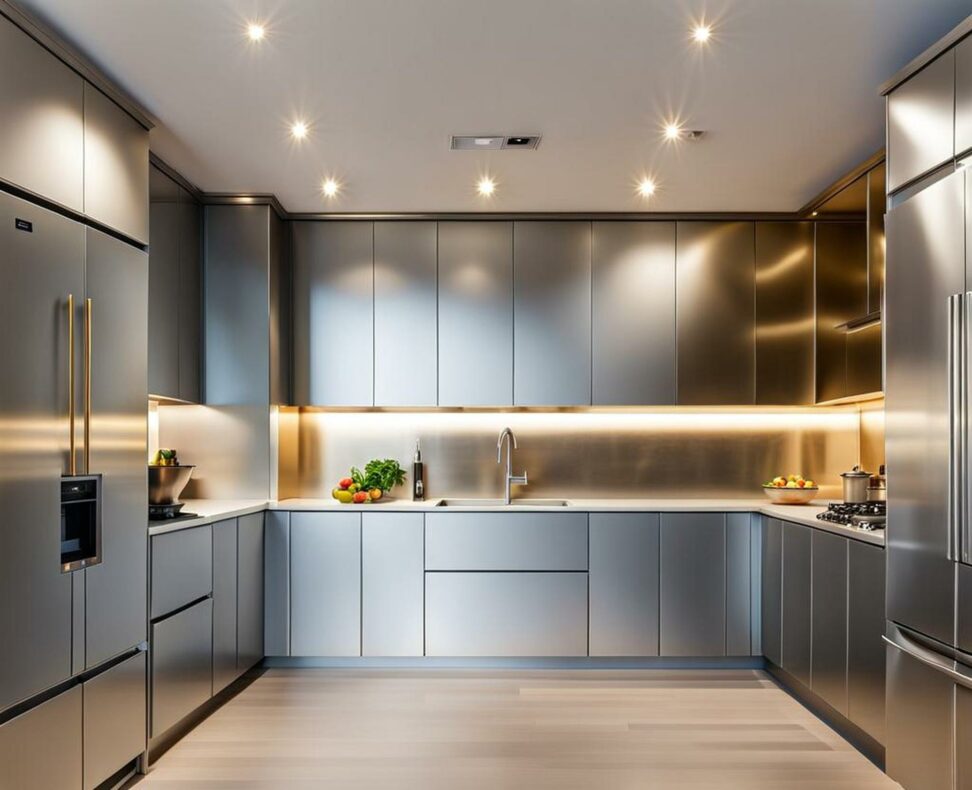 metallic silver kitchen cabinets