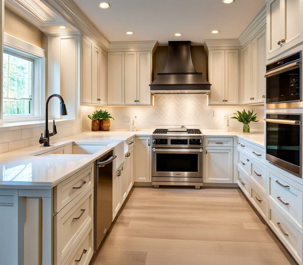 off white kitchen cabinets with quartz countertops