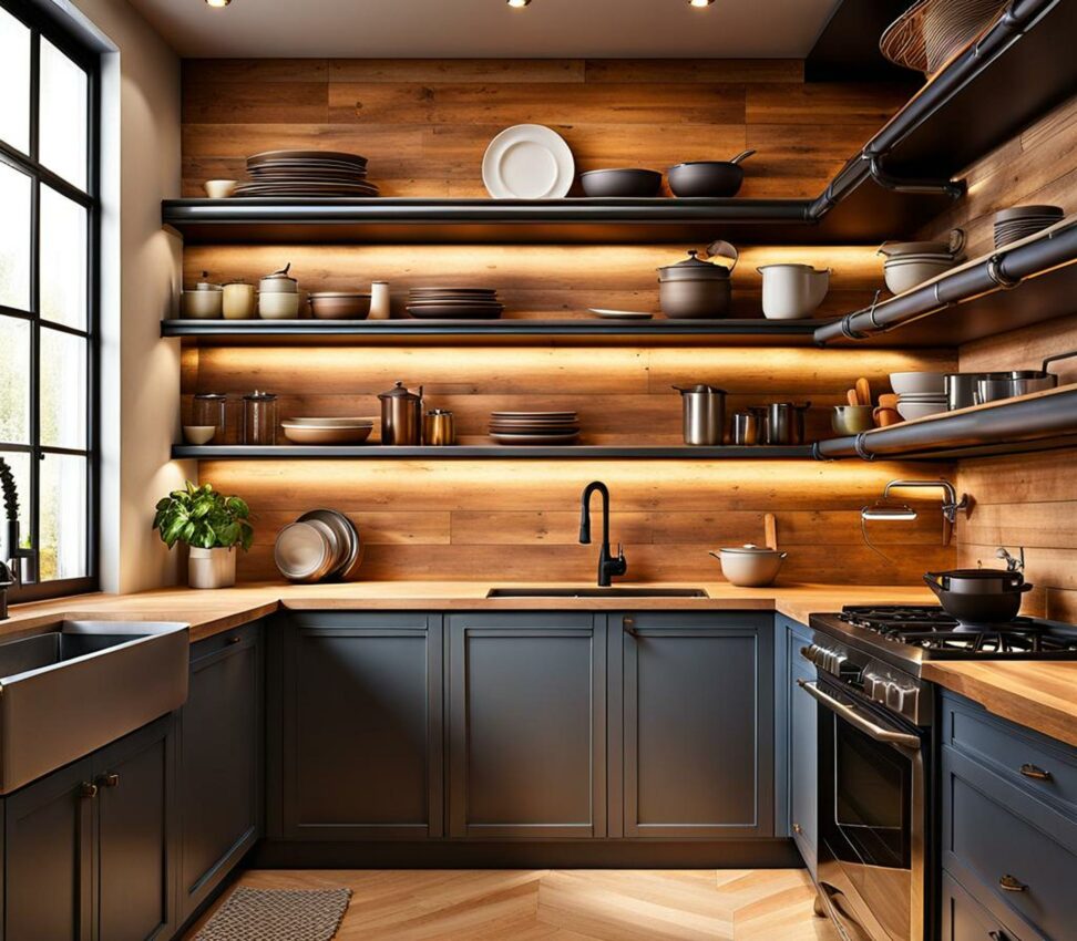 pipe shelves in kitchen