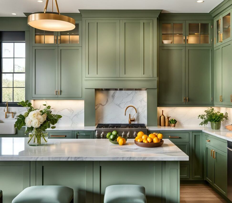 sage green shaker kitchen cabinets