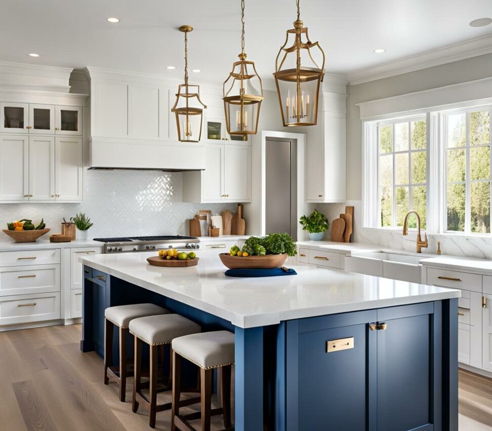 white kitchens with blue island