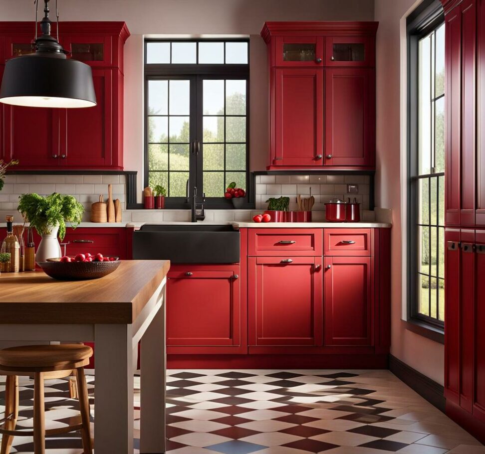 farmhouse red kitchen cabinets