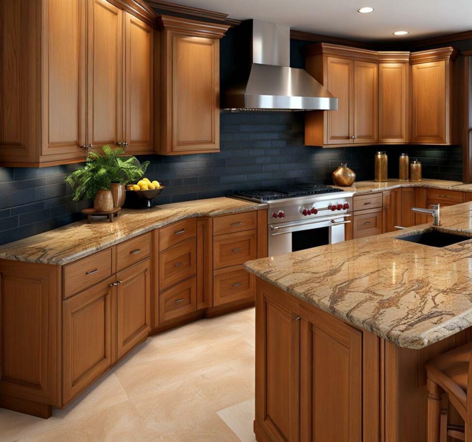 granite countertop with oak cabinets