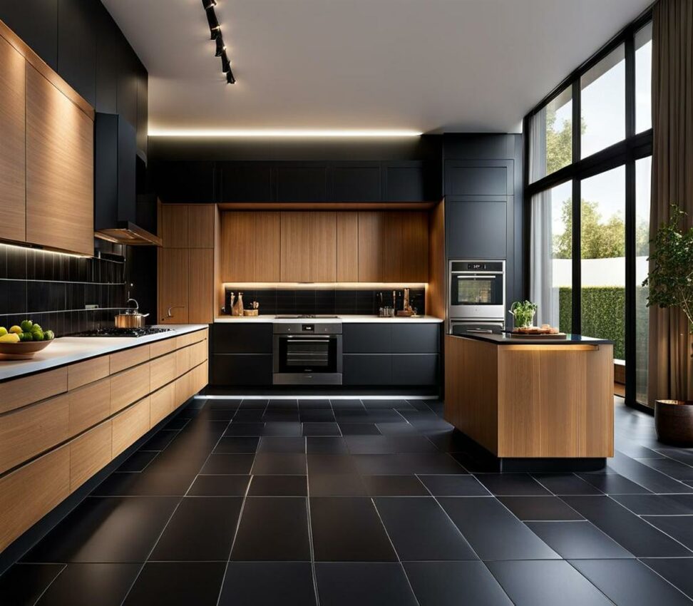 kitchens with black floor tiles