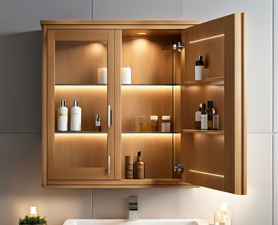 oak medicine cabinet with lights