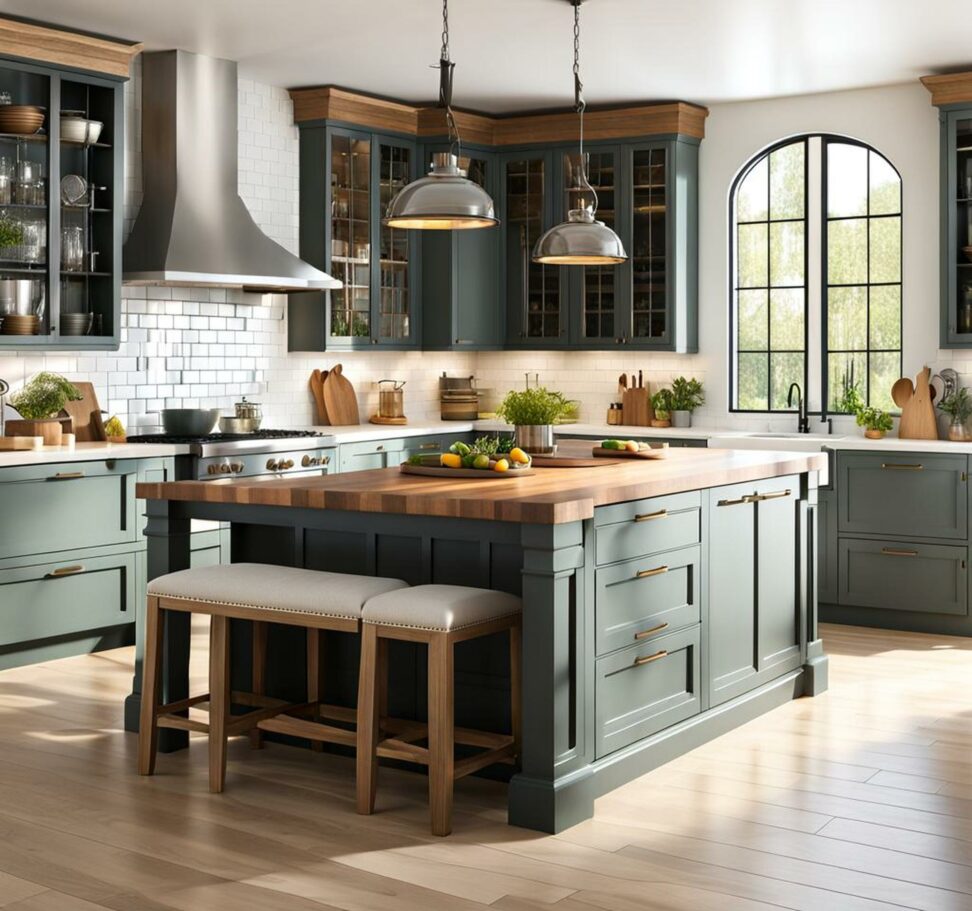kitchen island with open shelves and seating